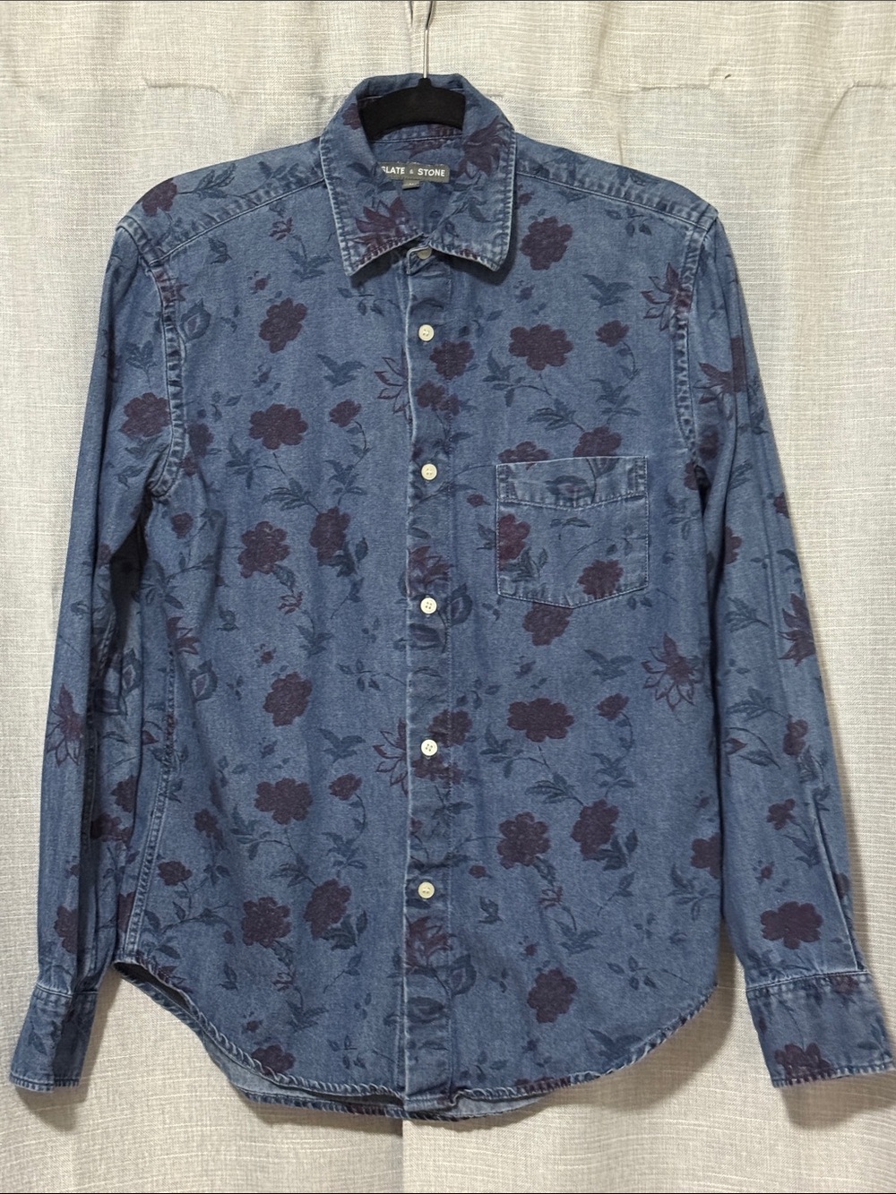 Slate & Stone 100% Cotton Chambray Floral Button Up-Mens Sz M-Single Pocket-EUC